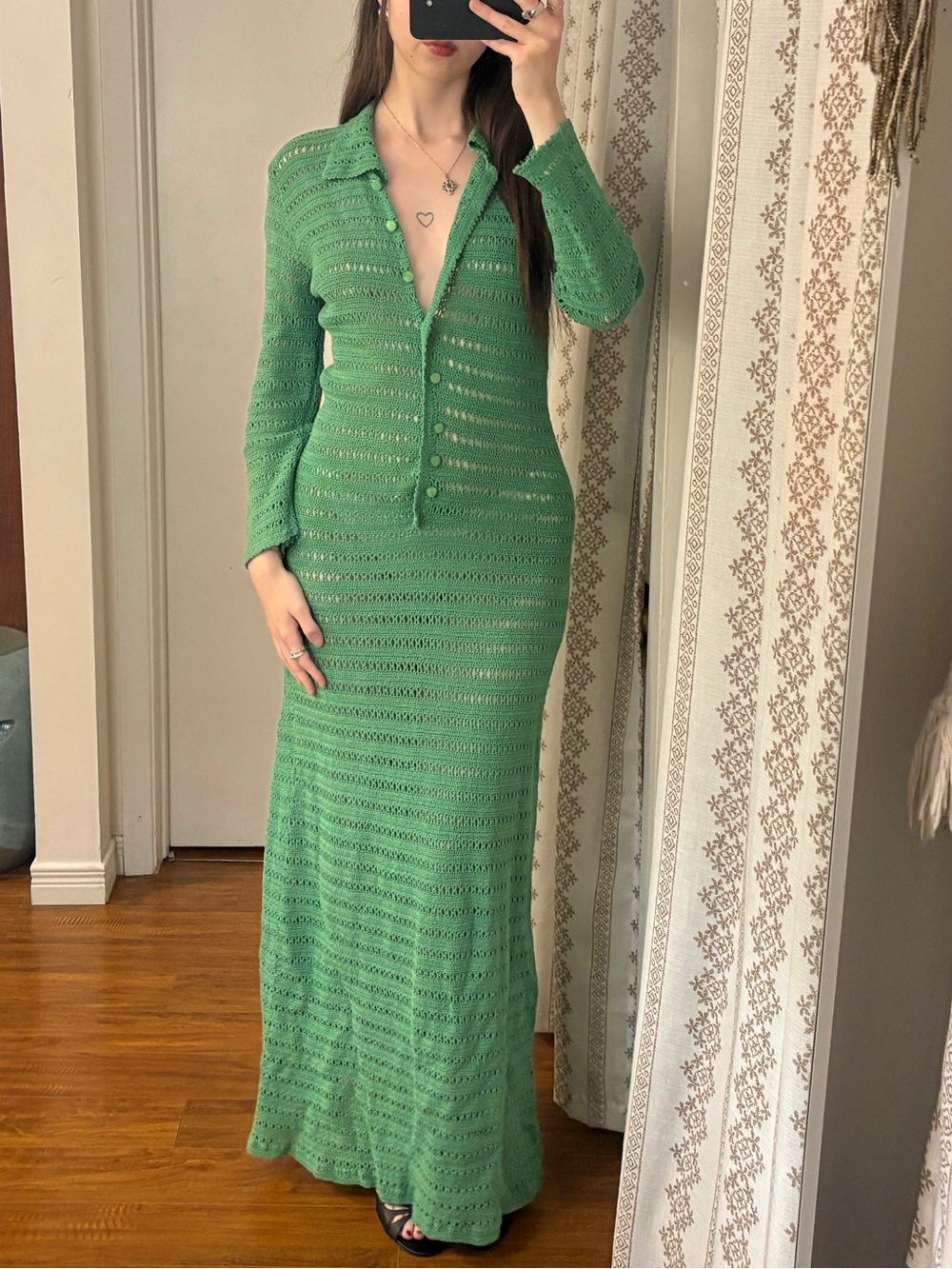 vintage handmade green crochet maxi dress